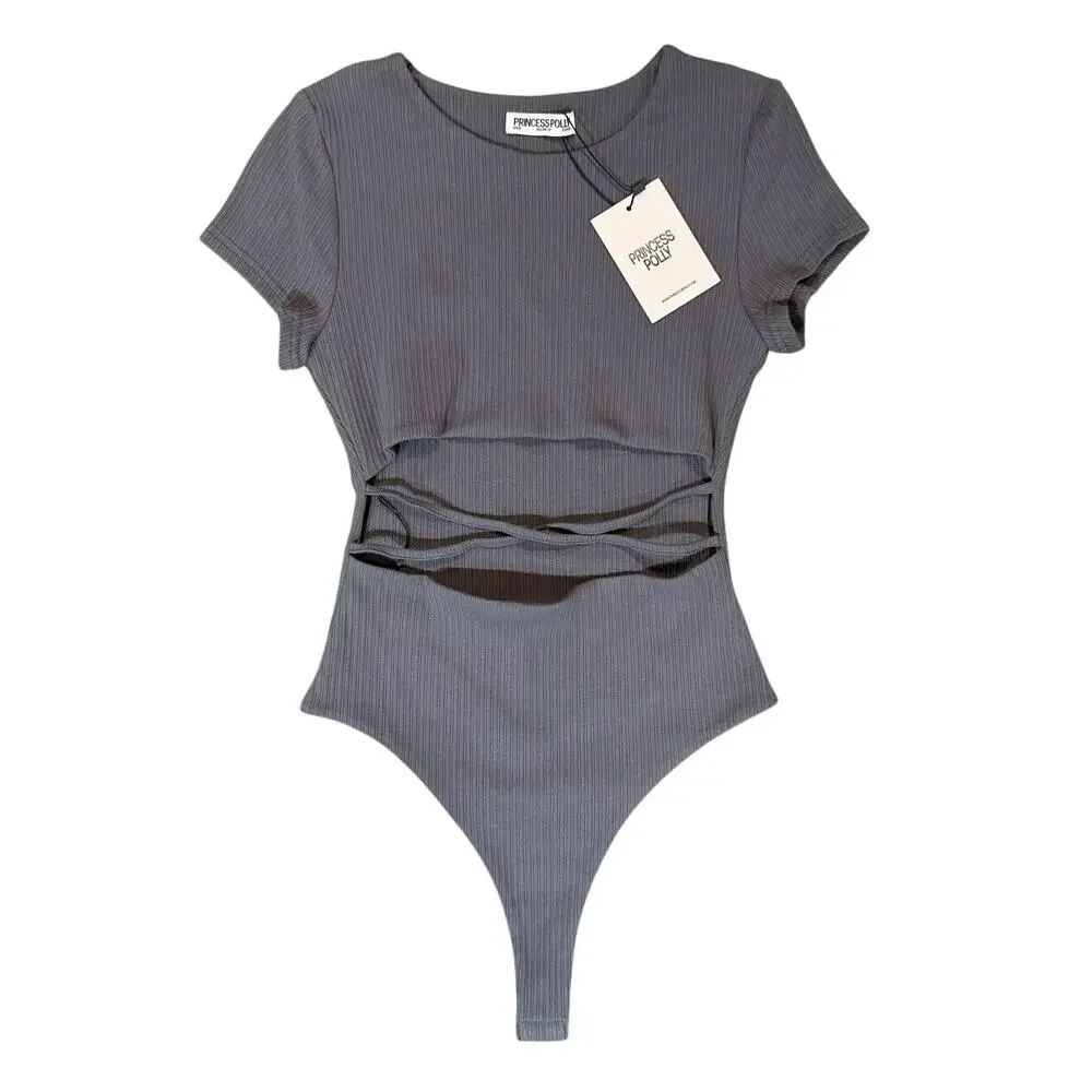 NWT PRINCESS POLLY Nicola Bodysuit Slate Gray Ribbed Criss Cross Thong Stretch 8 - Picture 2 of 16